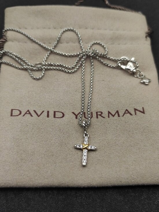 David Yurman💎 Jewelry - David Yurman 925 Silver & Gold Pave Diamond Cross Necklace with Original Pouch